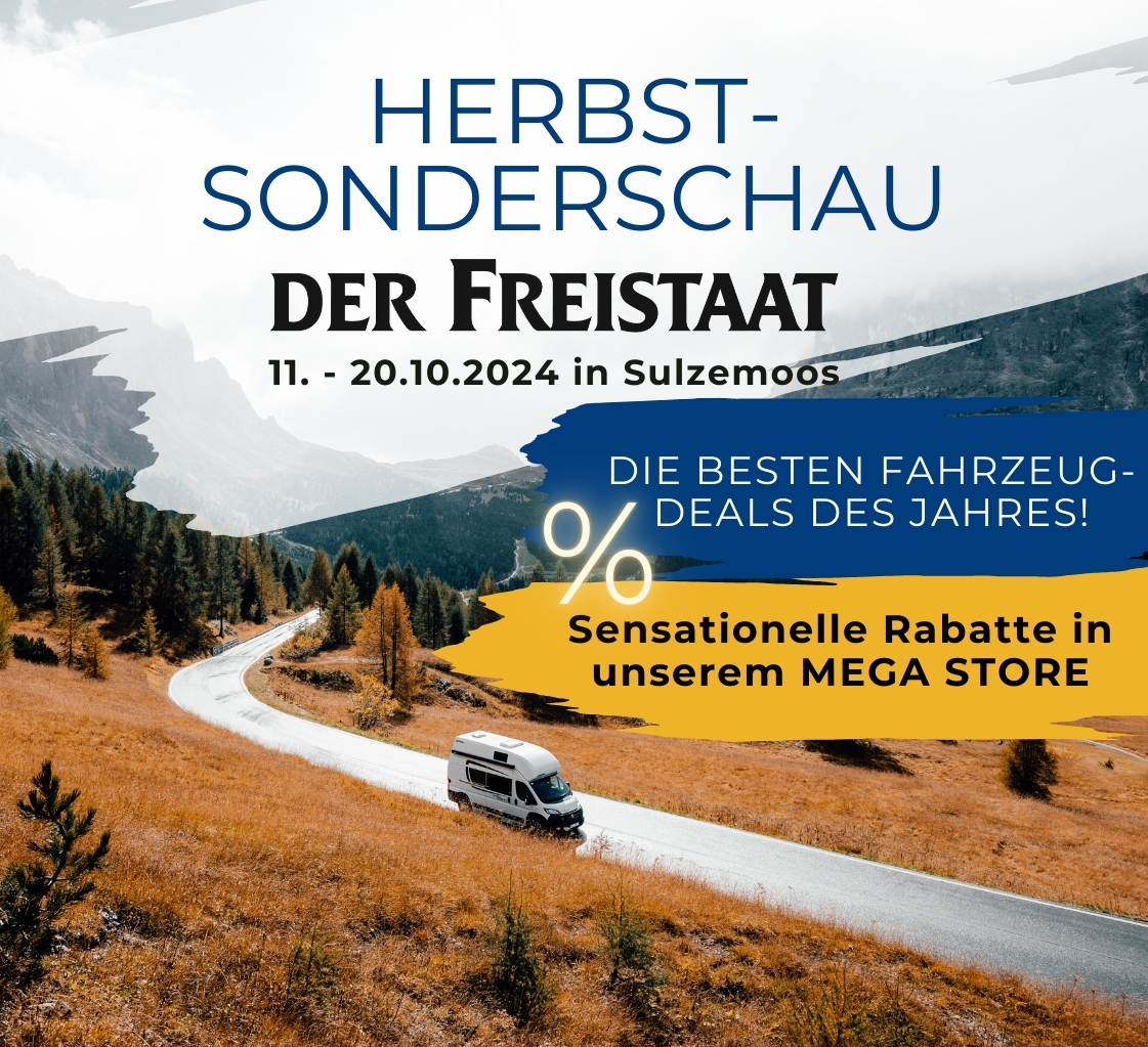 Flyer zur Herbstsonderschau im Freistaat Sulzemoos. Alle Topangebote an Wohnmobile und Wohnwagen sowie Zubehör.